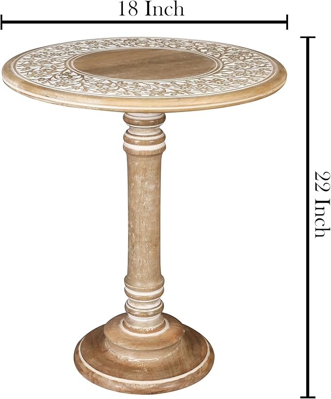 Lightnpro Carved Round End Table with Single Pillar - Handcrafted Accent Bedside Nightstand Side End Table for Living Room, Entryway, Vintage Desk for Books, Plants & Décor - 18x22 Inch - White Wash-Ruum Studio Home