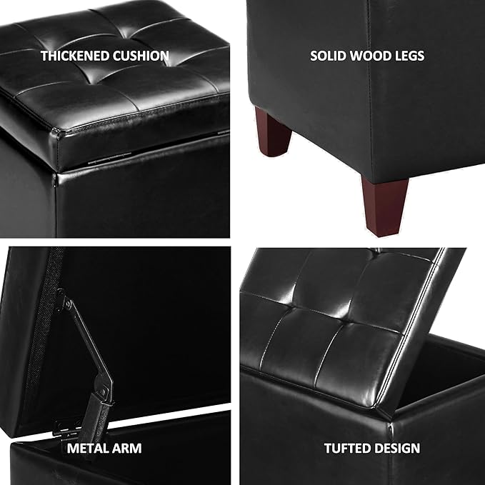 Adeco Storage Ottoman Foot Rest Stool, Leather Ottoman Footstool with Wood Legs and Hinged Lid, 18" Small Foot Stool Bench for Living Room, Bedroom, Black-Ruum Studio Home