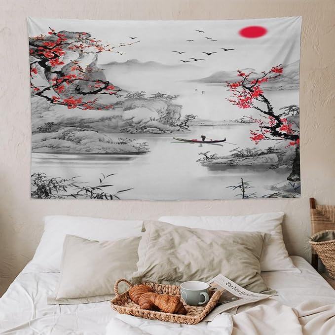 Cherry Blossoms Tapestry, Japanese Red Landscape Watercolor Abstract Art, Asian Japanese Wall Tapestry, Nature Landscape Tapestries for Bedroom Living Room Decor 90"x60"-Ruum Studio Home