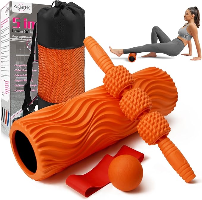 5-in-1 Foam Roller Set, Massage Roller Stick, Massage Ball, Resistance Band for Deep Muscle Massage, Trigger Point Release, Pilates, Yoga (Orange-Wave)-Ruum Studio Home