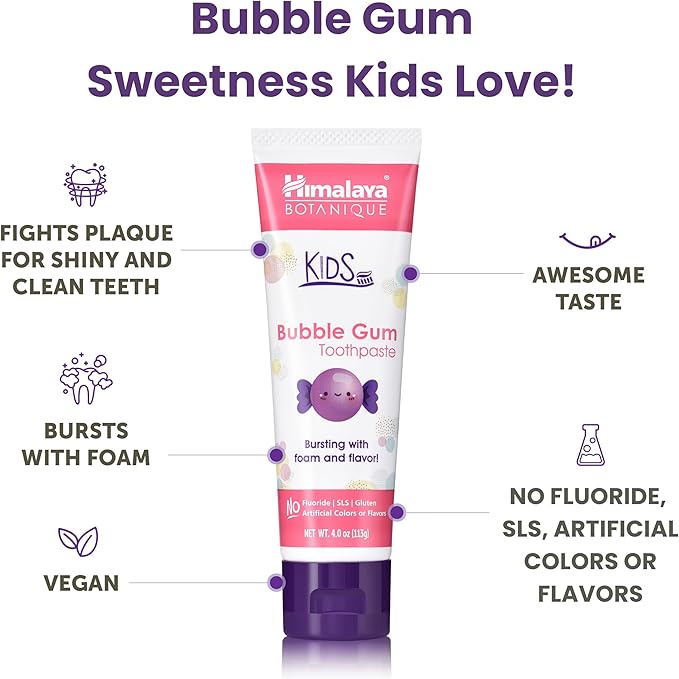 Himalaya Botanique Kids Toothpaste, Herbal, Bubble Gum Flavor, Fluoride-Free, Gentle, No Artificial Flavors or Colors, SLS Free, Gluten Free, Cruelty Free, Vegan, Foaming, 4 Oz, 4 Pack-Ruum Studio Home