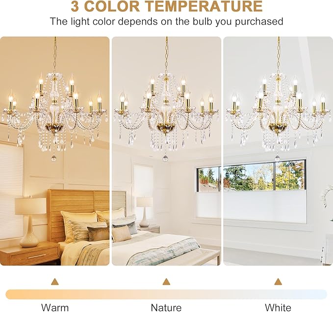 Modern Elegant 15 Lights K9 Crystal Glass Chandelier Golden Pendant Ceiling Lighting European Style for Dining Living Room Bedroom Transparent,15 E12 Bulbs Required-Ruum Studio Home