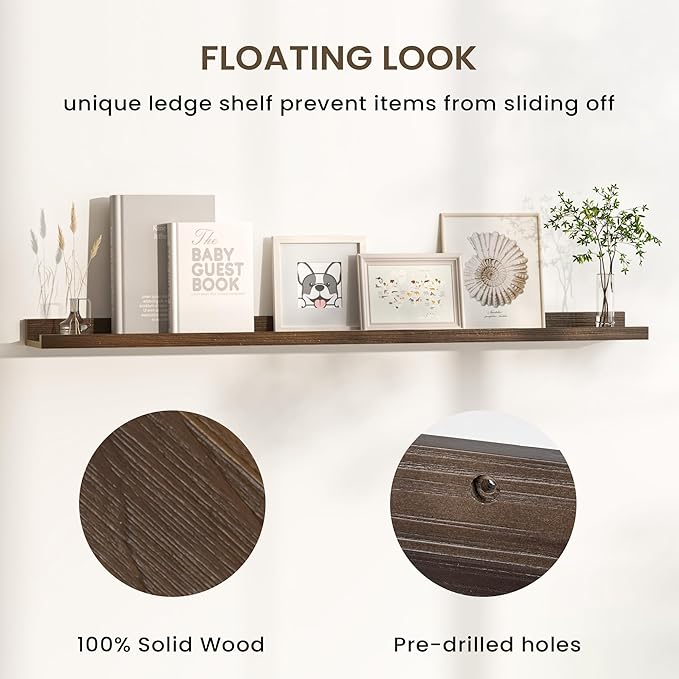 Floating Shelves for Wall, Picture Ledge Shelf 36 Inch Solid Wood Set of 2, Rustic Wall Shelves with Lip, Kids Bookshelf, Photo & Picture Live Edge Floating Shelves for Bedroom, Living Room, Kitchen-Ruum Studio Home