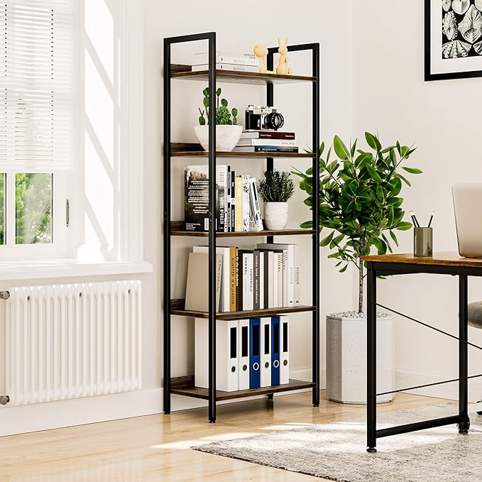 NUMENN Bookshelf, 5 Tier Bookshelves, Home Office Bookcase Shelf Storage Organizer, Free Standing Storage Shelving Unit for Bedroom, Living Room and Home Office, Dark Walnut-Ruum Studio Home