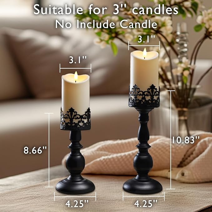 Homemory Black Halloween Candle Holders for Pillar Candles Set of 2, Gothic Vintage Candle Holders for Table Centerpiece, 11" 9" Tall Candle Stand Decorative for Dining Fireplace Living Room (Black)-Ruum Studio Home