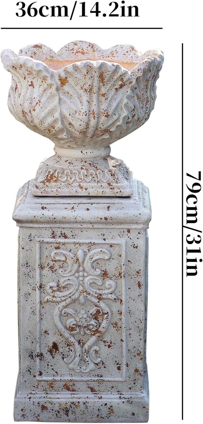 Vintage Garden Urn Planter with Pedestal, Cement and Fiber, Maked Antique, Decorative Leaf Pattern, 14.2x11.8 Inch Pot with 19.3 Inch Stand, Wrap Foam Safely Delivered from Local Warehouse (Antique)-Ruum Studio Home