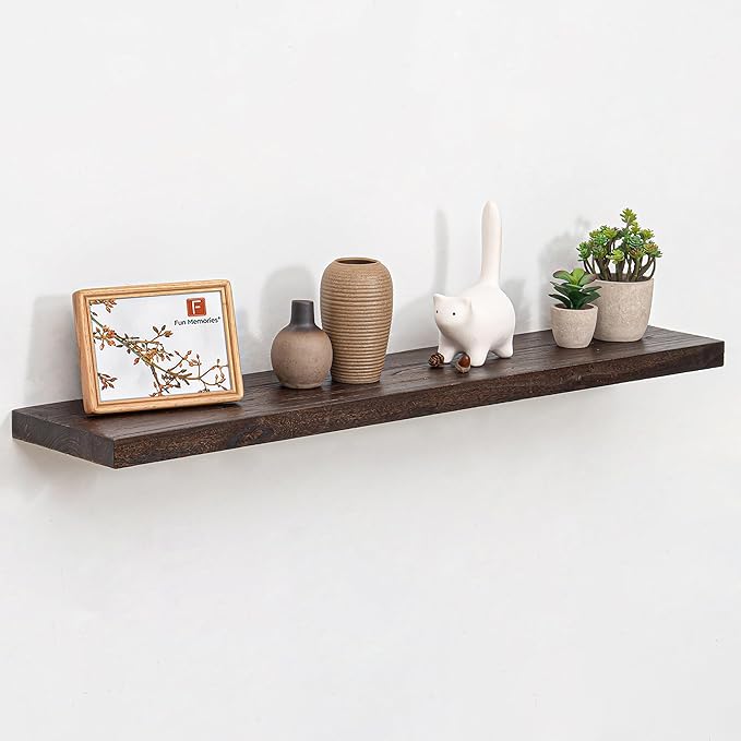 Fun Memories Solid Elm Wood Floating Shelves, 42 Inch Floating Shelves for Wall, Rustic Wooden Shelf Wall Mounted with Invisible Heavy-Duty Bracket for Books, Bathroom, Kitchen, Walnut Finish-Ruum Studio Home