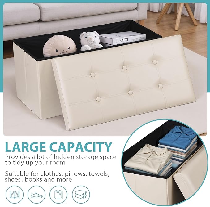 SUPER DEAL Folding Storage Ottoman Bench, 30 Inches Footrest Storage Bin with Padded Seat, Entryway Shoe Bench for Living Room Bedroom, 30"x15"x15", Faux Leather, Beige-Ruum Studio Home