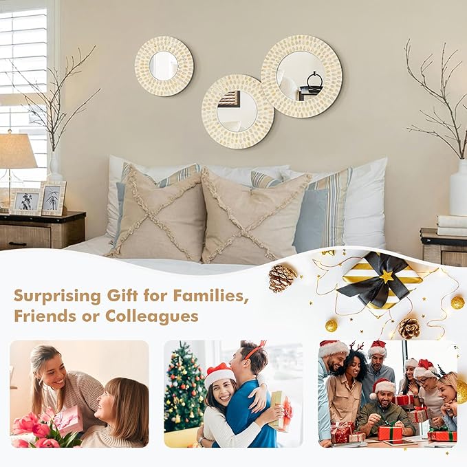 Boho Mirror Wall Decor for Living Room, 3PCS Natural Mother of Pearl Decorative Mirror for Farmhouse Rustic Home, Hanging Sculptures for Women Bedroom Hallway Porch Decoration (Light Brown)-Ruum Studio Home