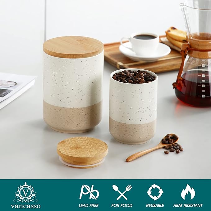 vancasso Sabine Coffee Storage Jar, 36 Oz Ceramic Kitchen Canister with Airtight Wood Lids, Coffee Container for Ground Coffee, Tea, Sugar, Nuts, Candy, Spices-Ruum Studio Home