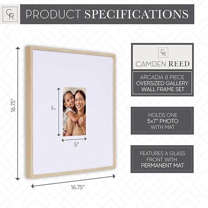 Camden Reed Arcadia 8 Piece Oversized Gallery Wall Frame, 16x20 and 16x16 Inch Matted Frames for Featuring 8x10 and 5x7 Inch Photographs or Art Prints, Natural Finish-Ruum Studio Home
