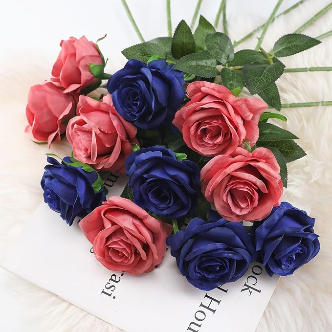 Blue Fake Roses Artificial Flowers - 10 Pcs Fake Artificial Roses Silk Flowers with Stems for Home Wedding Hotel Office Centerpiece Decor（Navy Blue）-Ruum Studio Home