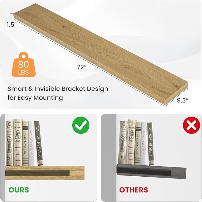 Floating Shelves for Wall, 72"W x 9.3"D x 1.5"H, Long Wooden Wall Mounted Display Shelves with Invisible Brackets for Living Room, Bedroom, Bathroom, Kitchen Decor and Storage, Set of 1, Oak-Ruum Studio Home