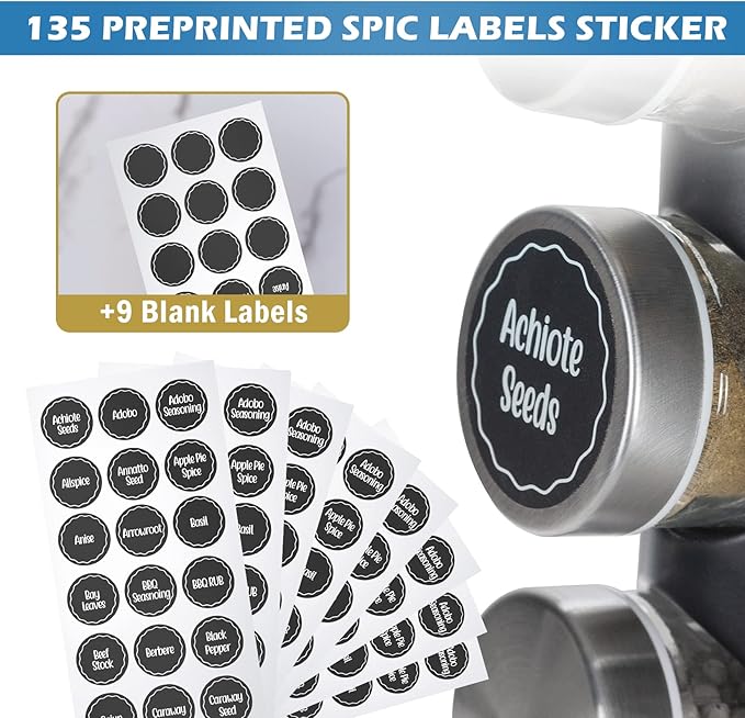 Black Countertop Revolving Spice Rack, Empty 20-Jars Rotating Spice Rack Organizer, Round Carousel Tower, 135 Spice Labels with Funnel Complete Set, for Kitchen Countertop, Cabinet-Ruum Studio Home