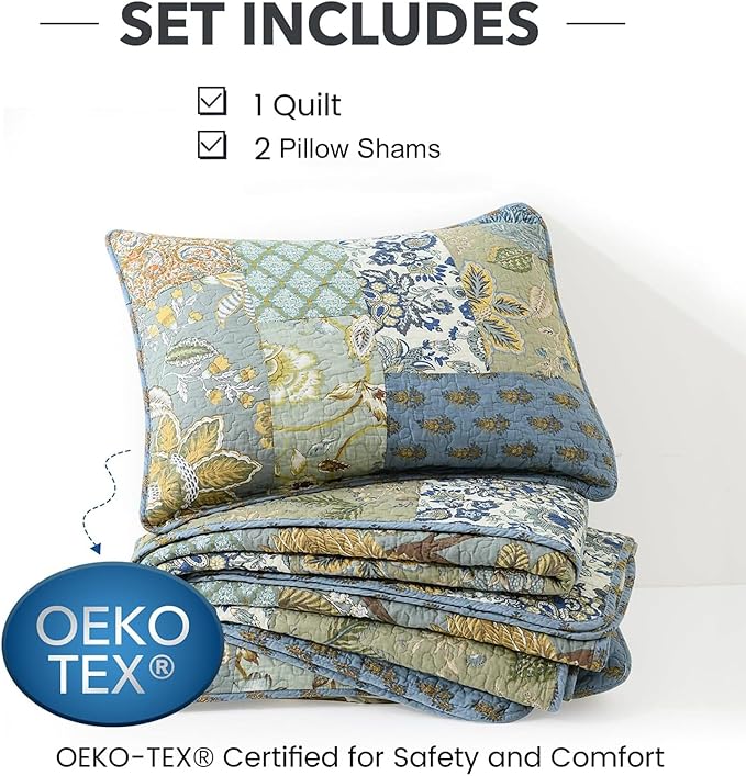 NEWLAKE Quilt Set California King Size, 100% Cotton Patchwork Green Bohemian Quilt Sets, Reversible Bedspread Lightweight and Breathable for All Seasons, Soft Quilted Bedspread with 2 Pillow Shams-Ruum Studio Home