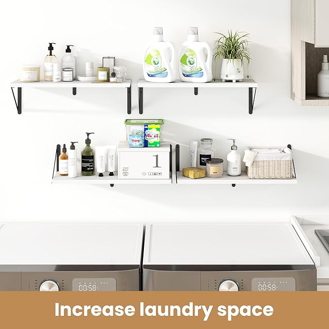 Heimlove 24 Inches White Floating Shelves,8 Inches Deep Wall Bookshelf Mounted Display&Storage Wood Wall Shelves for Kitchen Bathroom Laundry Living Room,Set of 3-Ruum Studio Home
