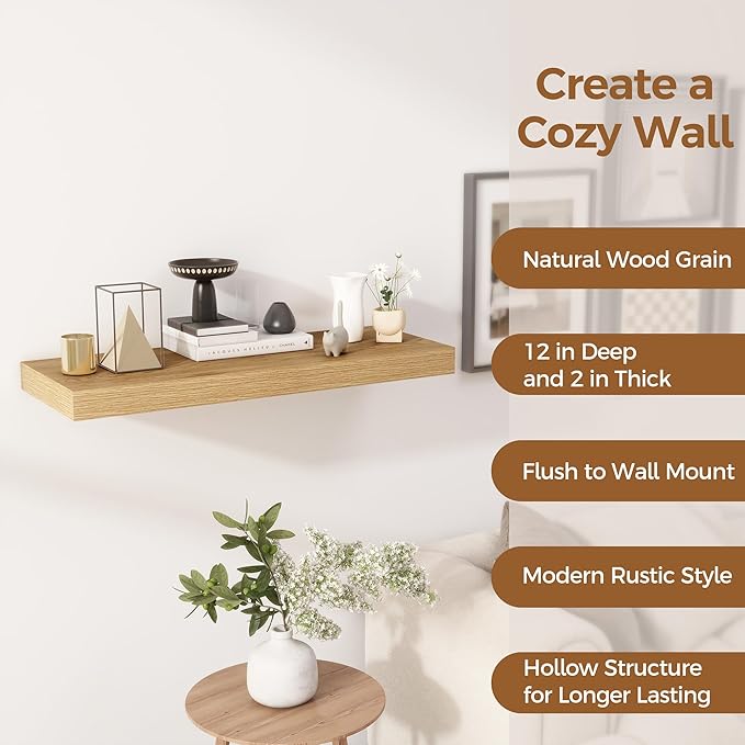 Floating Shelves 30 Inch Long, 12 Inch Deep Floating Shelf for Books, Rustic Wood 30 x 12 Storage Shelves for Wall Storage & Display, Thicked Wall Shelf for Kitchen, Living Room, Oak Color, 1 Pack-Ruum Studio Home
