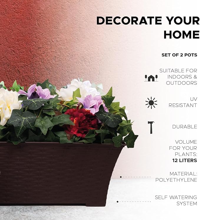 Elly Décor Set of 2 24x8 Rectangular Modern, Resistant and Self Watering Planter with Rattan-Like Finish, 24", Chocolate Brown-Ruum Studio Home