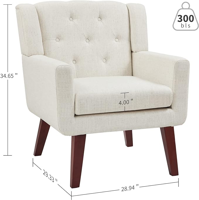 Living&Giving Accent Chair Button-Tufted Upholstered Living Room Chairs Comfy Reading Mid Century Modern with Linen Fabric Lounge Arm for Bedroom (Beige) 29.33D x 28.94W x 34.65H Inch-Ruum Studio Home
