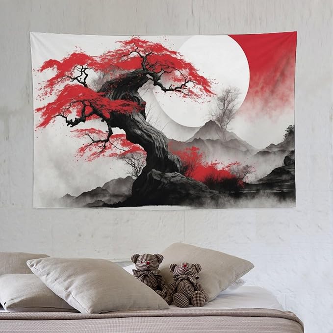 Cherry Blossoms Tapestry,Japanese Red Landscape Asian Watercolor Abstract Art Tapestry,Japanese Wall Tapestry, Nature Landscape Tapestries for Bedroom Living Room Decor 60"x40"-Ruum Studio Home