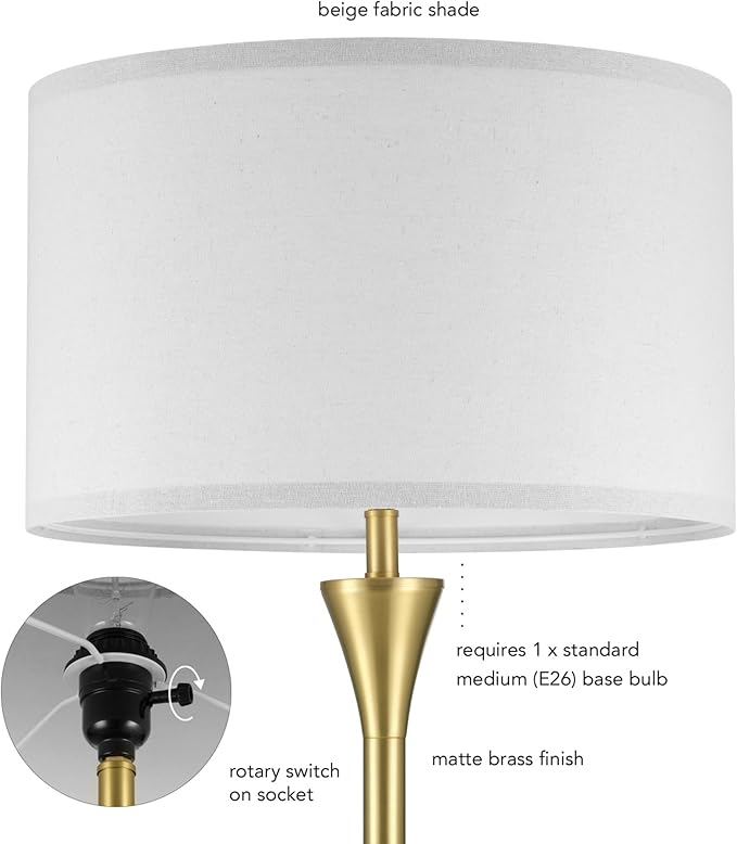 GLOBE Electric 61000150 60" Floor Lamp, Antique Brass Finish, Beige Fabric Shade, Mid-Century Modern Standing Lamp, E26 Base, Sustainable Design for Living Rooms and Bedrooms-Ruum Studio Home