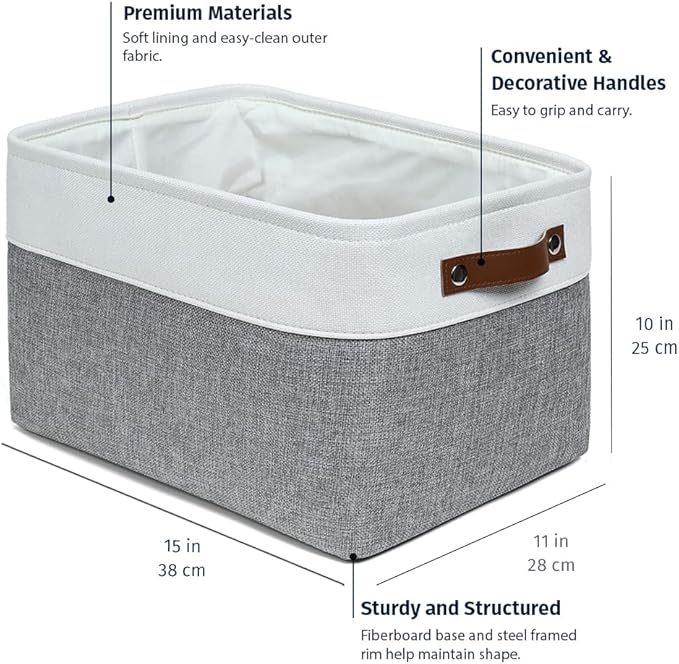 OrganiHaus Large Fabric Storage Baskets for Shelves 3 Pack, 15x11in Closet Storage Bins for Shelves, Cloth Baskets for Organizing, Linen Closet Organizers, Fabric Basket, Gray/White-Ruum Studio Home