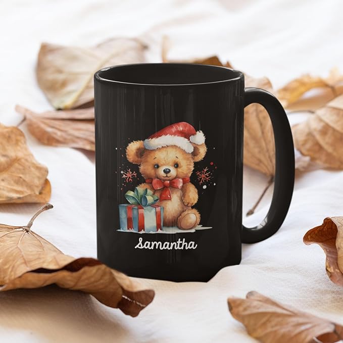 Custom Name Xmas Teddy Bear Cup, Personalized Christmas Teddy Bear Mug, Black Mug With Santa Hat Design - 11oz & 15oz, Gift For Men & Women-Ruum Studio Home