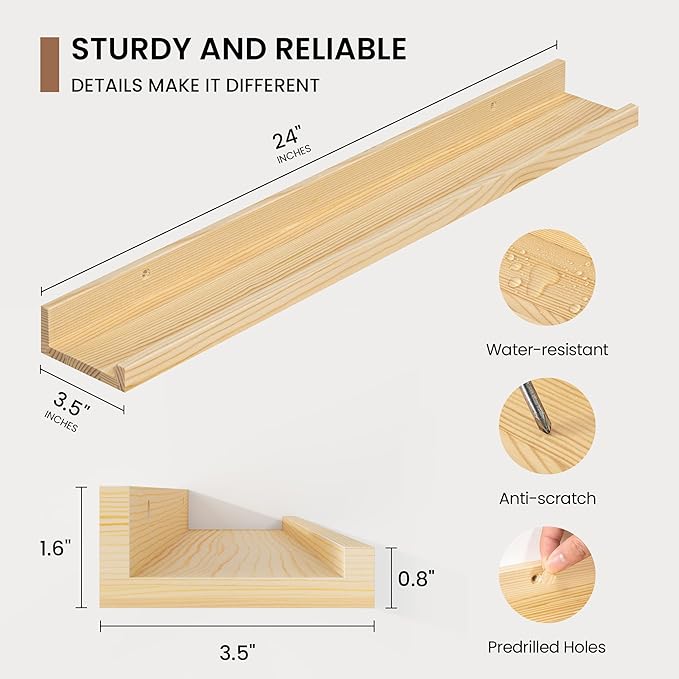 Picture Ledge Shelf, Solid Pine Wood Floating Shelves Set of 2, 24 Inches Nursery Book Shelves for Toys Storage, Kids Bookshelf Wall Mounted for Living Room Decor Photo Frames, Unfinished Natural-Ruum Studio Home