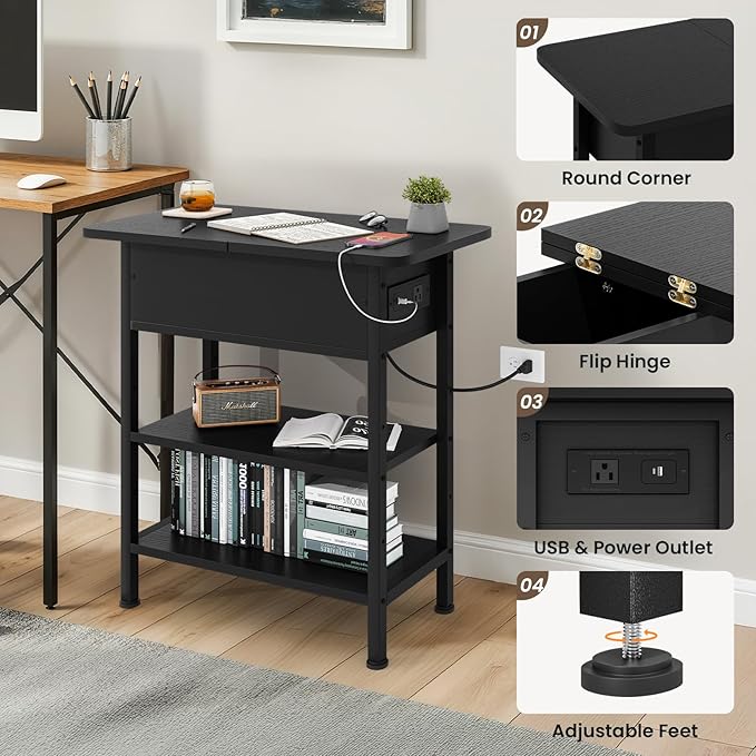 End Table with Charging Station, Flip Top Side Table with USB Ports and Outlets, 3-Tier Small Side Table with Storage for Small Space, End Tables for Living Room/Bedroom, Black-Ruum Studio Home