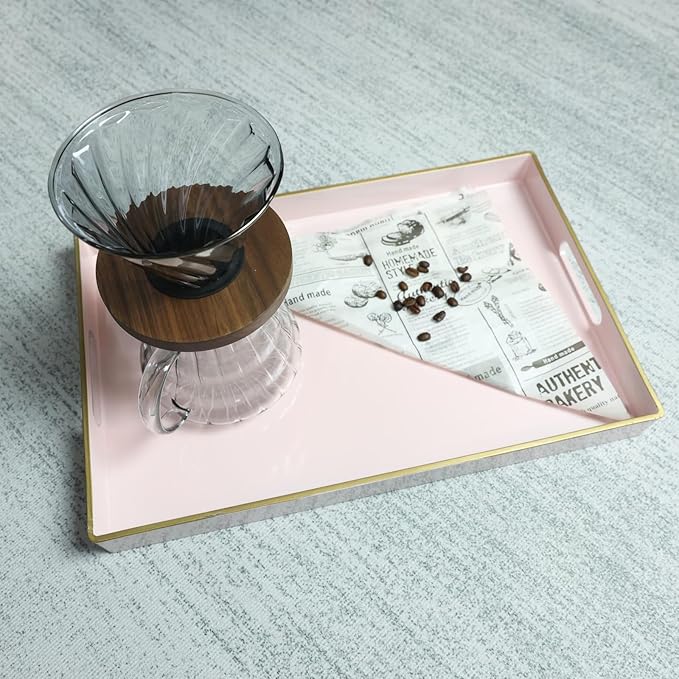 Spsyrine Pink Decorative Serving Tray with Handles, Elegant Plastic Coffee Table Tray for Ottoman, Living Room, Home Decor 15.6" X 10.2"-Ruum Studio Home