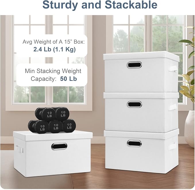 Medium 15" 21 Quart Collapsible Stackable Storage Bins with Lids, 3 Packs White Foldable Fabric Closet Boxes Heavy-duty Linen Cube Baskets Container for Bedroom Office (15 x 11 x 8)-Ruum Studio Home
