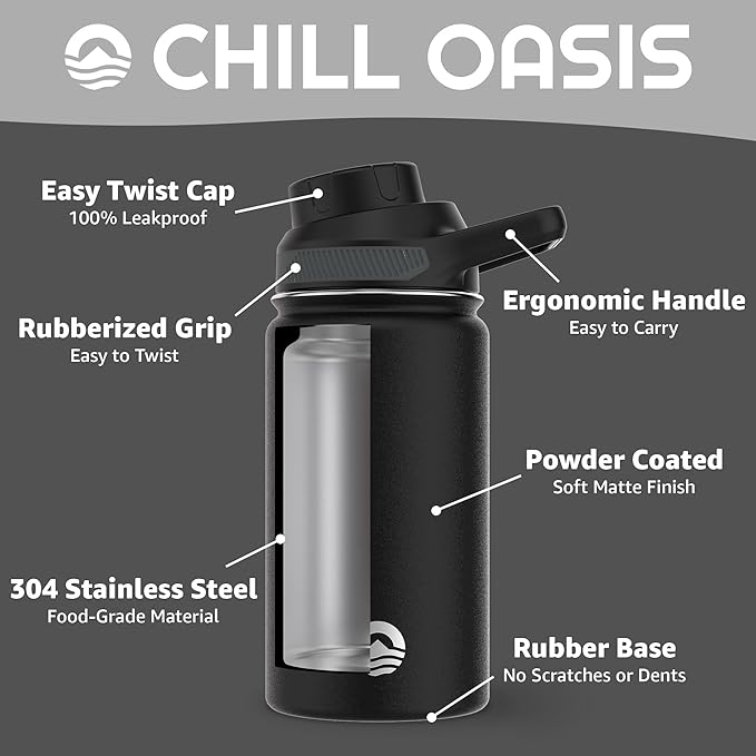 Chill Oasis Water Bottle | Compatible With Popular Flavor Cartridges | BPA Free, Leak Proof, Double-Walled Vacuum Insulated Stainless Steel, and Dishwasher Safe | Cold for 24 Hours (Black, 12oz)-Ruum Studio Home