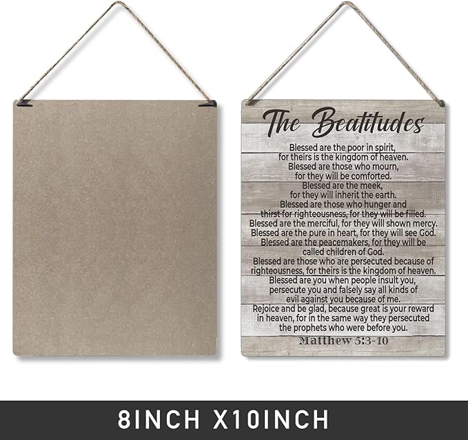 Inspirational Bible Gift Signs the Beatitudes Blessed are the Poor in Spirit for Theirs is the Kingdom of Heaven Wooden Hanging Sign Religious Scripture Art Wall Home Decoration 10 x 8 Inches-Ruum Studio Home