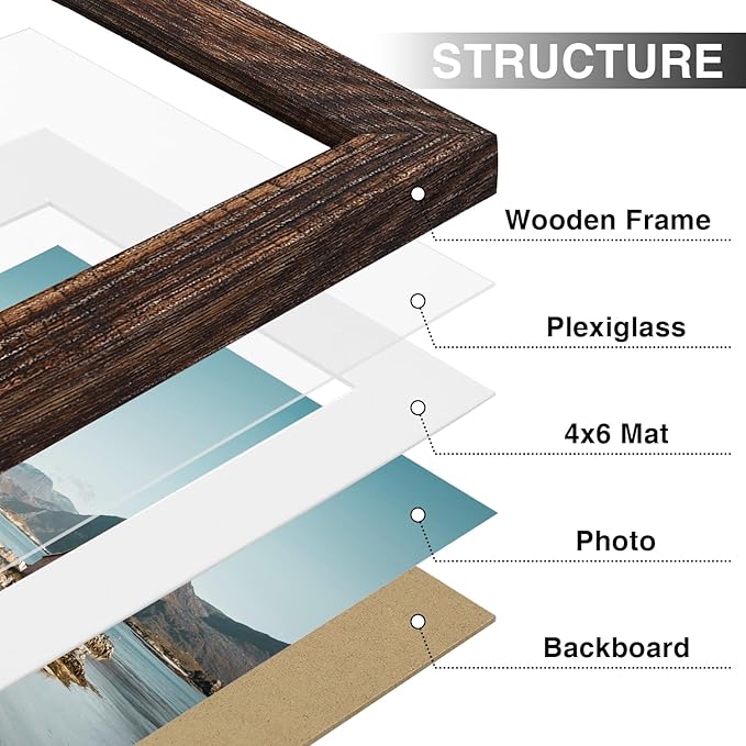 Vittanly 6x8 Picture Frames Set of 9, Shatter Resistant Plexiglass, Display 4x6 Pictures with Mat or 6x8 without Mat, Photo Frames for Wall or Tabletop, Engineered Wood, Brown-Ruum Studio Home