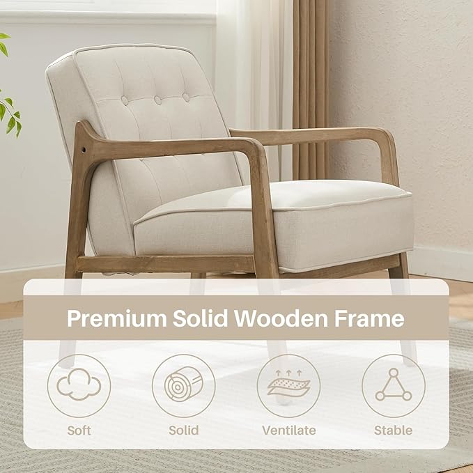 Linen Accent Chair Set of 2, Mid Century Modern Chair for Living Room, Upholstered Comfy Lounge Armchair with Solid Wood Frame, Reading Side Chair for Bedroom,105°Ergonomic Comfort, White-Ruum Studio Home