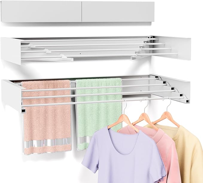 Wall Mounted Drying Rack for Laundry 23.6'', Folding Drying Rack Clothing Wall Mount with 4 Rods, Space Saving for Indoor Outdoor Bathroom Balcony (White, 23.6'')-Ruum Studio Home