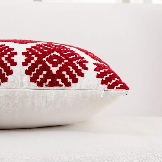 HWY 50 Red Decorative Throw Pillow Covers 18x18 Inch, Pack of 2 Embroidered Cotton Farmhouse Cushion Cover Pillow Case for Sofa Couch Living Room Bed Bedroon, Diamond Design-Ruum Studio Home