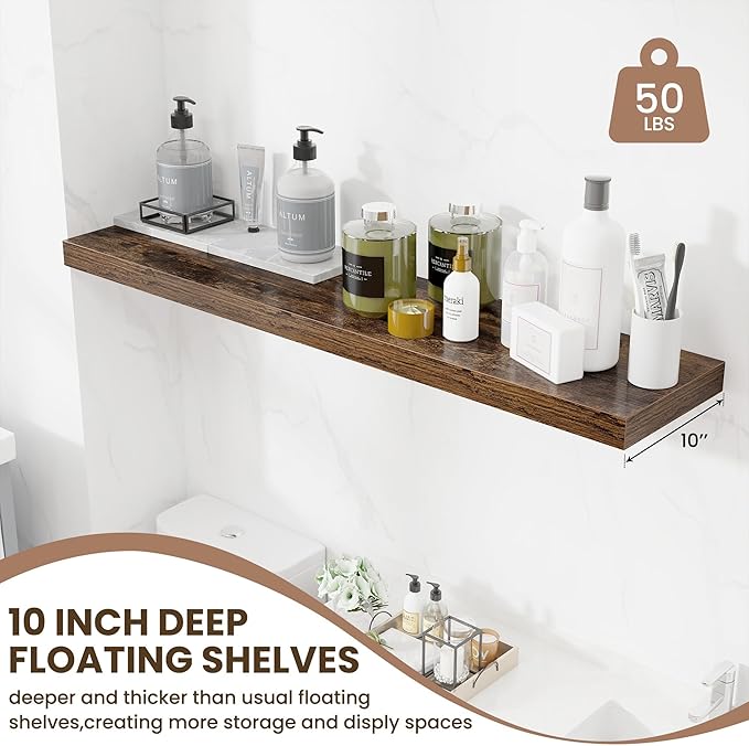 48 Inch Floating Shelves for Wall - 10 Inch Deep Fireplace Mantel Shelf - Wood Floating Shelves for Wall - Large Storage Shelves Wall Mount for Living Room & Bedroom - Rustic Brown - Set of 1-Ruum Studio Home