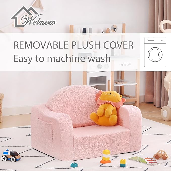 Welnow 2-in-1 Kids Sofa Chair, Convertible Toddler Chair Flip Out Children Sofa Chair with Wave Armrests Folding Kids Play Sofa with Side Pockets & Removable Cover Armchair for Girl or Boy-Ruum Studio Home