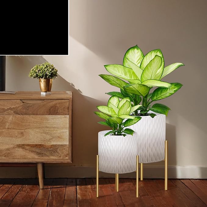 ARNIS Plants Pots with Stand, Set of 2 Indoor Planter Pots, Unique Mid Century Decorative Metal Flower Pots with Drainage,8.25 & 10.5 Inch, Grey and White-Ruum Studio Home