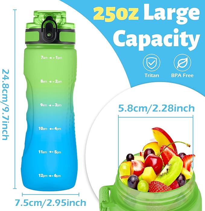 OLDLEY 25 oz Water Bottle, Motivational Water Bottle with Time Marker, Sports Water Bottle With Strap, Leakproof & BPA Free Large Water Bottles for School, Gym, Travel, Outdoor, Tritan,Green&Blue-Ruum Studio Home