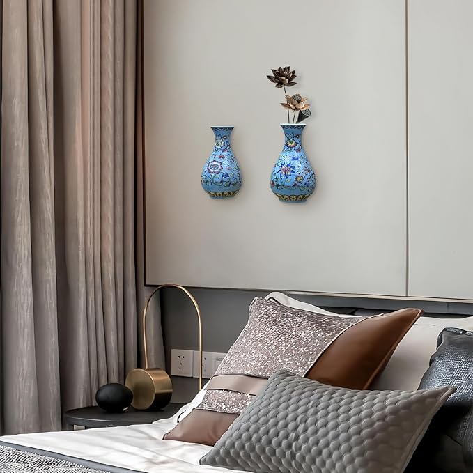 Set of Two Handmade Chinese Blue & White Porcelain Wall Mounted Vases – Chinoiserie Ceramic Flower Vase for Indoor Home Décor, Wall Hanging Vases for Living Room & Bookshelf-Ruum Studio Home