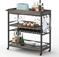 BON AUGURE Bar Cart, Home Bar Serving Cart on Wheels, Mobile 3 Tier Liquor Beverage Carts with Wine Rack and Glass Holder (Grey Oak)-Ruum Studio Home