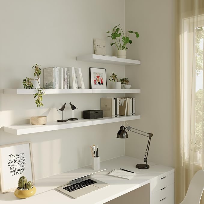 Large Floating Shelves for Wall Set of 3 Wooden Wall Shelves 24 in x 12.75 in x 2 in Room Decor Long Shelf with Invisible Wall Mount Bracket for Bedroom Kitchen Living Room White-Ruum Studio Home