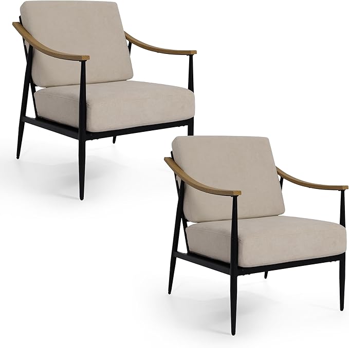 Modern Accent Chairs Set of 2 for Living Room Bedroom Mid Century Arm Chairs Upholstered Office Accent Chairs Comfy Waiting Room Chairs with Metal Frame, Beige-Ruum Studio Home