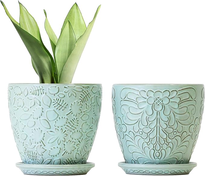 6 Inch Retro Ceramic Planter Set of 2 with Drainage Hole and Saucer for Plants, Indoor-Outdoor Garden Pots for Succulent, Orchid, and Flower (Fits Inner Pots Up to 5 Inches, Retro Green)-Ruum Studio Home