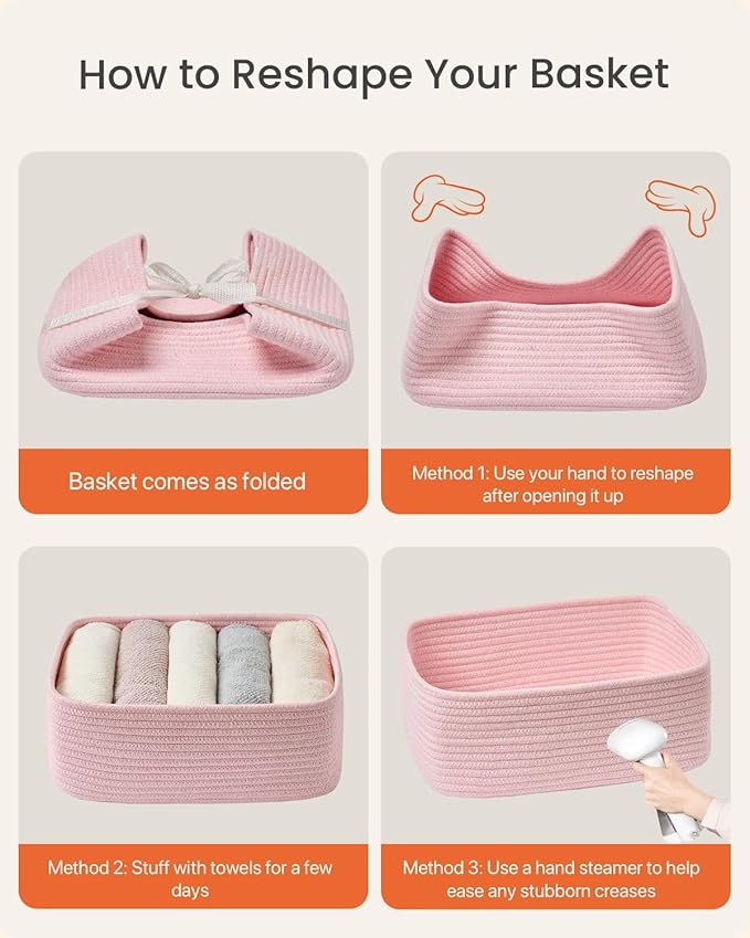 KALLAX Small Woven Basket, 13.5 x 9.5 x 5 Inches, Storage Basket for Organizing, Cute Small Rope Shelf Closet Cube Storage Bins Baskets for Shelves, Dog Toy Gift Baskets Empty, 3 Pack Light Pink-Ruum Studio Home
