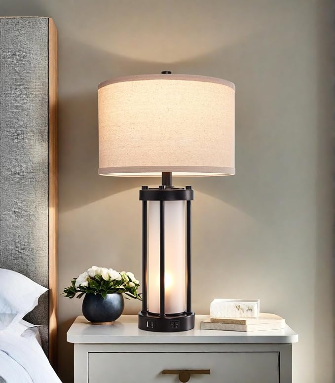 Modern Table Lamps for Living Room, Industrial Beside Lamps with 2 USB Ports, Rustic Nightstand Lamp with White Frosted Glass Night Light for Bedroom End Table Entryway, 2 Bulb Included-Ruum Studio Home