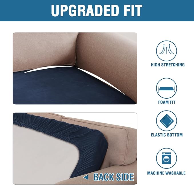 H.VERSAILTEX Velvet Stretch Individual Couch Cushion Cover Plush Cushion Slipcover for Loveseat Sofa Cushion Furniture Protector Seat Cushion Sofa Cover (1 Piece Sofa Cushion Cover, Navy)-Ruum Studio Home
