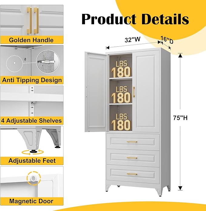 75" Kitchen Pantry Cabinet with 3 Drawer,Metal Storage Cabinets with Doors and 4 Adjustable Shelves,White Kitchen Cabinet with 2 Gold Handles,Food Cupboard for Livingroom,Pantry, Bathroom-Ruum Studio Home